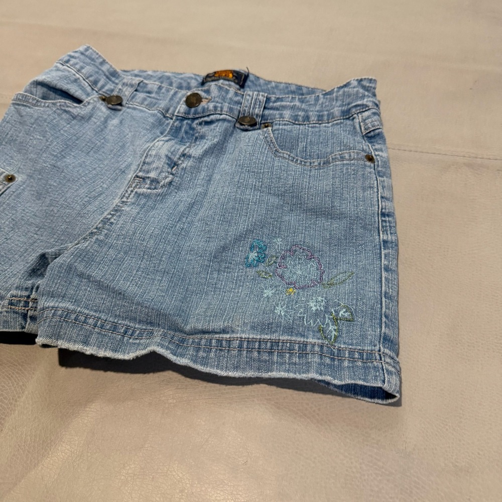 VTG Y2K Route 66 Women Blue Denim Embroider Floral Jean Short Jort 16//26-6772 - Picture 2 of 9